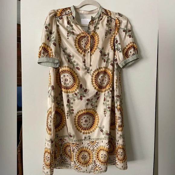 Hanii Y 100% Silk Mini Dress Abstract Floral Short Puff Sleeve Size 40 - Picture 1 of 15